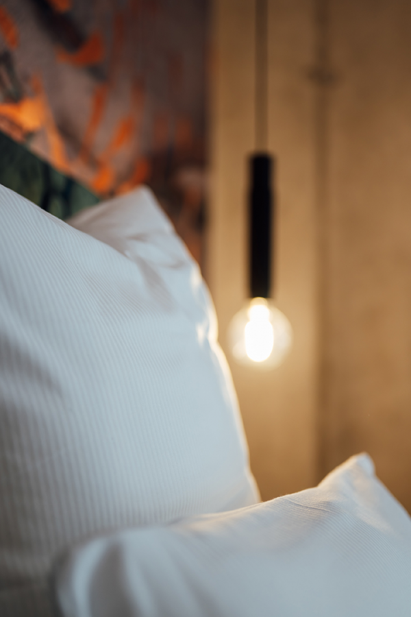 Galeriebild VEMA_2412.jpg Zwei weiße Kissen in einem stilvollen Raum mit einer hängenden Lampe im Hintergrund.