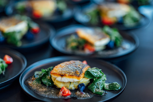 Galeriebild VEMA_9447.jpg Ein Teller mit gebratenem Fisch, Spinat und Tomaten auf einem dunklen Hintergrund.
